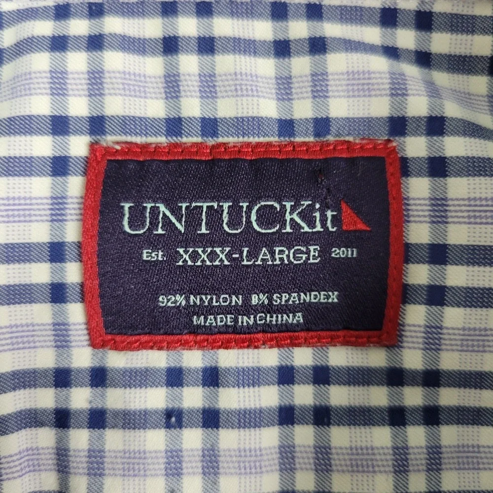 Untuckit Mens 3XL White Blue Plaid Performance Stretch Button Up Short Sleeve‎